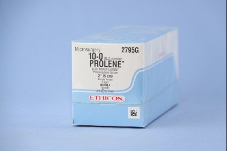 Picture of Suture with Needle Prolene™ Nonabsorbable Uncoated Blue Suture Monofilament Polypropylene Suture Size 10 - 0 2 Inch Suture 1-Needle 5.1 mm Length 3/8 Circle Taper Point Needle2795G
