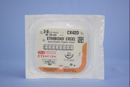 Picture of Suture with Needle Ethibond Nonabsorbable Coated Green Suture Braided Polyester Size 2 - 0 18 Inch Suture 1-Needle 22 mm Length 1/2 Circle Taper Point NeedleCX42D