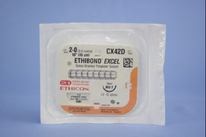 Picture of Suture with Needle Ethibond Nonabsorbable Coated Green Suture Braided Polyester Size 2 - 0 18 Inch Suture 1-Needle 22 mm Length 1/2 Circle Taper Point NeedleCX42D
