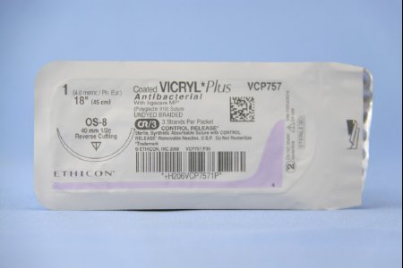 Picture of Antibacterial Suture with Needle Coated Vicryl™ Plus Absorbable Coated Undyed Suture Braided Polyglactin 910 with Irgacare MP Antibacterial Suture Size 1 18 Inch Suture 1-Needle 40 mm Length 1/2 Circle Reverse Cutting NeedleVCP757T