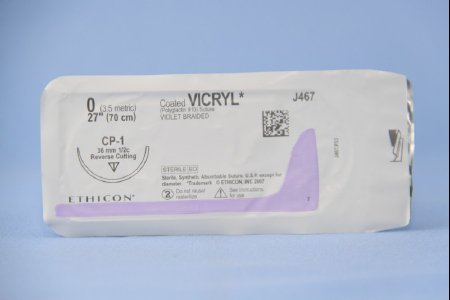 Picture of Suture with Needle Coated Vicryl™ Absorbable Coated Violet Suture Braided Polyglactin 910 Size 0 27 Inch Suture 1-Needle 36 mm Length 1/2 Circle Reverse Cutting NeedleJ467H