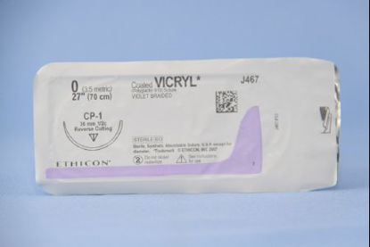 Picture of Suture with Needle Coated Vicryl™ Absorbable Coated Violet Suture Braided Polyglactin 910 Size 0 27 Inch Suture 1-Needle 36 mm Length 1/2 Circle Reverse Cutting NeedleJ467H