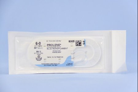 Picture of Suture with Needle Prolene™ Nonabsorbable Uncoated Blue Suture Monofilament Polypropylene Suture Size 6 - 0 24 Inch Suture Double-Armed 9.3 mm Length 3/8 Circle Taper Point Needle8305H