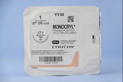 Picture of Suture with Needle Monocryl™ Absorbable Uncoated Violet Suture Monofilament Poliglecaprone Size 1 27 Inch Suture 1-Needle 36 mm Length 1/2 Circle Taper Point NeedleYY30G