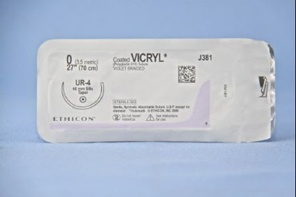 Picture of Suture with Needle Coated Vicryl™ Absorbable Coated Violet Suture Braided Polyglactin 910 Size 0 27 Inch Suture 1-Needle 40 mm Length 5/8 Circle Taper Point NeedleJ381H