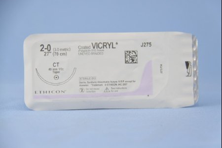 Picture of Suture with Needle Coated Vicryl™ Absorbable Coated Undyed Suture Braided Polyglactin 910 Size 2 - 0 27 Inch Suture 1-Needle 40 mm Length 1/2 Circle Taper Point NeedleJ275H