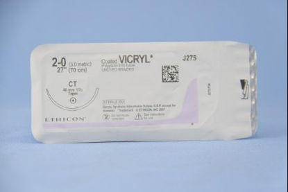Picture of Suture with Needle Coated Vicryl™ Absorbable Coated Undyed Suture Braided Polyglactin 910 Size 2 - 0 27 Inch Suture 1-Needle 40 mm Length 1/2 Circle Taper Point NeedleJ275H