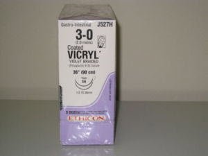 Picture of Suture with Needle Coated Vicryl™ Absorbable Coated Violet Suture Braided Polyglactin 910 Size 3 - 0 36 Inch Suture Double-Armed 26 mm Length 1/2 Circle Taper Point NeedleJ527H