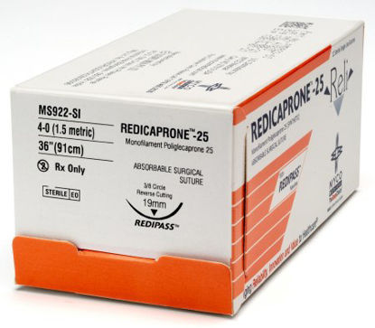 Picture of Suture with Needle Reli® Absorbable Uncoated Undyed Suture Monofilament Poliglecaprone Size 4 - 0 36 Inch Suture 1-Needle 19 mm Length 3/8 Circle Reverse Cutting NeedleMS922-MV