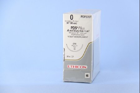 Picture of Antibacterial Suture with Needle PDS Plus™ Absorbable Uncoated Violet Suture Monofilament Polydioxanone with Irgacare MP Antibacterial Suture Size 0 36 Inch Suture 1-Needle 48 mm Length 1/2 Circle Taper Point NeedlePDP370T