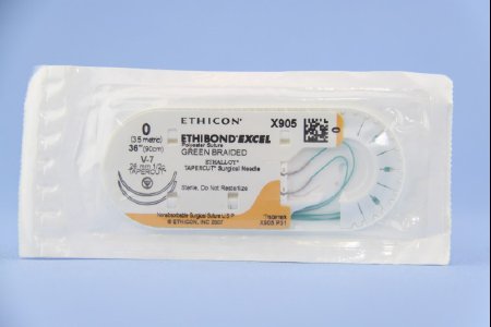 Picture of Suture with Needle Ethibond Nonabsorbable Coated Green Suture Braided Polyester Size 0 36 Inch Suture Double-Armed 26 mm Length 1/2 Circle Taper Cut NeedleX905H
