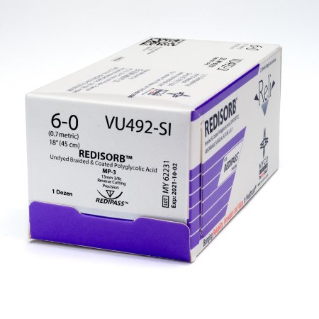 Picture of Suture with Needle Reli® Redisorb™ Absorbable Coated Undyed Suture Braided Polyglycolic Acid Suture Size 6 - 0 18 Inch Suture 1-Needle 13 mm Length 3/8 Circle Reverse Cutting Needle with Precision PointVU492-M