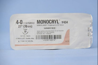 Picture of Suture with Needle Monocryl™ Absorbable Uncoated Undyed Suture Monofilament Poliglecaprone Size 4 - 0 27 Inch Suture 1-Needle 13 mm Length 1/2 Circle Taper Point NeedleY434H