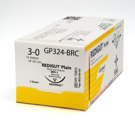 Picture of Suture with Needle Reli® Absorbable Uncoated Undyed Suture Plain Gut Size 3 - 0 18 Inch Suture 1-Needle 24 mm Length 3/8 Circle Reverse Cutting NeedleGP324-BRC