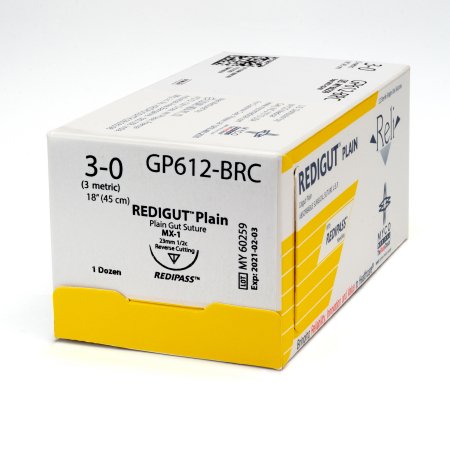 Picture of Suture with Needle Reli® Absorbable Uncoated Undyed Suture Plain Gut Size 3 - 0 18 Inch Suture 1-Needle 23 mm Length 1/2 Circle Reverse Cutting NeedleGP612-M