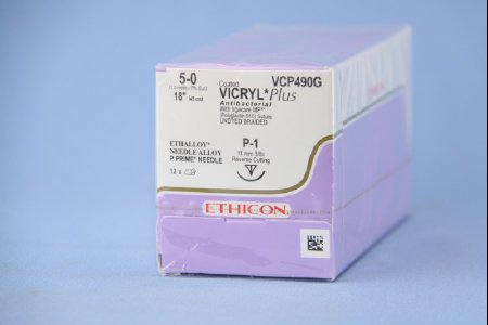 Picture of Suture with Needle Coated Vicryl™ Plus Absorbable Coated Undyed Suture Braided Polyglactin 910 Size 5 - 0 18 Inch Suture 1-Needle 11 mm Length 3/8 Circle Precision Point - Reverse Cutting NeedleVCP490G