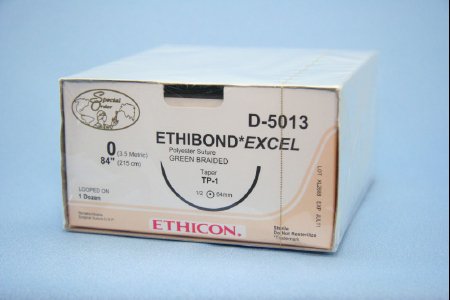 Picture of Suture Loop with Needle Ethibond Nonabsorbable Coated Green Suture Braided Polyester Size 0 84 Inch Suture 1-Needle 65 mm Length 1/2 Circle Taper Point NeedleD5013