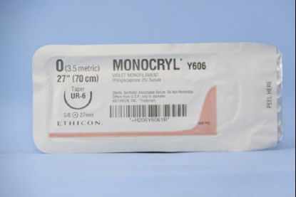 Picture of Suture with Needle Monocryl™ Absorbable Uncoated Violet Suture Monofilament Poliglecaprone Size 0 27 Inch Suture 1-Needle 26 mm Length 5/8 Circle Taper Point NeedleY606H