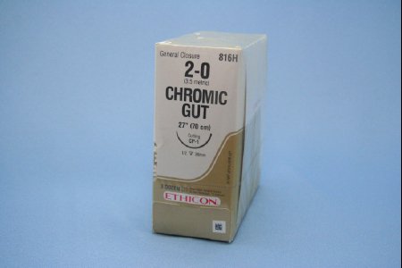 Picture of Suture with Needle Absorbable Uncoated Undyed Suture Chromic Gut Size 2 - 0 32 Inch Suture 1-Needle 36 mm Length 1/2 Circle Reverse Cutting Needle816H