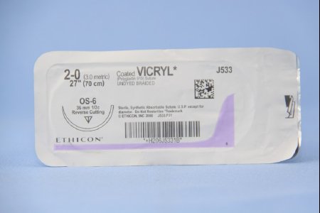 Picture of Suture with Needle Coated Vicryl™ Absorbable Coated Undyed Suture Braided Polyglactin 910 Size 2 - 0 27 Inch Suture 1-Needle 36.4 mm Length 1/2 Circle Reverse Cutting NeedleJ533H
