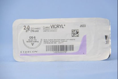 Picture of Suture with Needle Coated Vicryl™ Absorbable Coated Undyed Suture Braided Polyglactin 910 Size 2 - 0 27 Inch Suture 1-Needle 36.4 mm Length 1/2 Circle Reverse Cutting NeedleJ533H