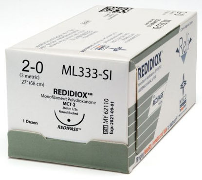 Picture of Suture with Needle Reli® Absorbable Uncoated Violet Suture Monofilament Polydioxanone Size 2 - 0 27 Inch Suture 1-Needle 13 mm Length 1/2 Circle Taper Point NeedleML333-M