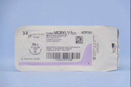Picture of Antibacterial Suture with Needle Coated Vicryl™ Plus Absorbable Coated Violet Suture Braided Polyglactin 910 with Irgacare MP Antibacterial Suture Size 3 - 0 27 Inch Suture 1-Needle 22 mm Length 1/2 Circle Taper Point NeedleVCP311H