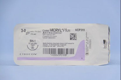 Picture of Antibacterial Suture with Needle Coated Vicryl™ Plus Absorbable Coated Violet Suture Braided Polyglactin 910 with Irgacare MP Antibacterial Suture Size 3 - 0 27 Inch Suture 1-Needle 22 mm Length 1/2 Circle Taper Point NeedleVCP311H