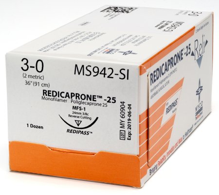 Picture of Suture with Needle Reli® Absorbable Uncoated Undyed Suture Monofilament Poliglecaprone Size 3 - 0 36 Inch Suture 1-Needle 24 mm Length 3/8 Circle Reverse Cutting NeedleMS942-MV