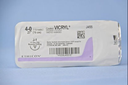 Picture of Suture with Needle Coated Vicryl™ Absorbable Coated Undyed Suture Braided Polyglactin 910 Size 4 - 0 27 Inch Suture 1-Needle 17 mm Length 1/2 Circle Reverse Cutting NeedleJ455H