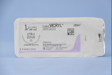 Picture of Suture with Needle Coated Vicryl™ Absorbable Coated Undyed Suture Braided Polyglactin 910 Size 1 36 Inch Suture 1-Needle 36.4 mm Length 1/2 Circle Blunt Point NeedleJB947