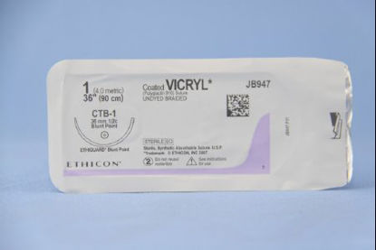 Picture of Suture with Needle Coated Vicryl™ Absorbable Coated Undyed Suture Braided Polyglactin 910 Size 1 36 Inch Suture 1-Needle 36.4 mm Length 1/2 Circle Blunt Point NeedleJB947