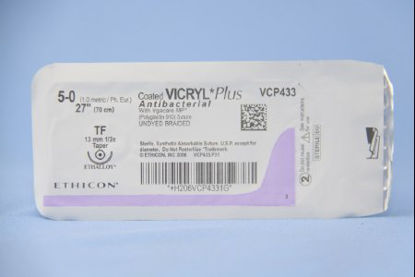 Picture of Antibacterial Suture with Needle Coated Vicryl™ Plus Absorbable Coated Undyed Suture Braided Polyglactin 910 with Irgacare MP Antibacterial Suture Size 5 - 0 27 Inch Suture 1-Needle 13 mm Length 1/2 Circle Taper Point NeedleVCP433H
