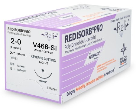 Picture of Suture with Needle Reli® Redisorb™ Absorbable Coated Violet Suture Braided Polyglycolic Acid Suture Size 2 - 0 27 Inch Suture 1-Needle 13 mm Length 1/2 Circle Reverse Cutting NeedleV466-M