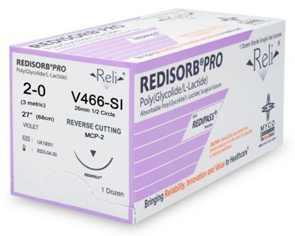 Picture of Suture with Needle Reli® Redisorb™ Absorbable Coated Violet Suture Braided Polyglycolic Acid Suture Size 2 - 0 27 Inch Suture 1-Needle 13 mm Length 1/2 Circle Reverse Cutting NeedleV466-M
