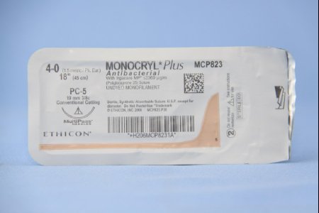 Picture of Antibacterial Suture with Needle Monocryl™ Plus Absorbable Uncoated Undyed Suture Poliglecaprone 25 with Irgacare MP Antibacterial Suture Size 4 - 0 18 Inch Suture 1-Needle 19 mm Length 3/8 Circle Conventional Cutting NeedleMCP823G