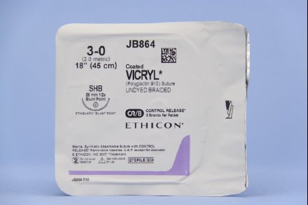 Picture of Suture with Needle Coated Vicryl™ Absorbable Coated Undyed Suture Braided Polyglactin 910 Size 3 - 0 18 Inch Suture 1-Needle 26 mm Length 1/2 Circle Blunt Point NeedleJB864
