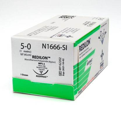 Picture of Suture with Needle Reli® Redilon™ Nonabsorbable Uncoated Black Suture Monofilament Nylon Size 5 - 0 18 Inch Suture 1-Needle 19 mm Length 3/8 Circle Precision Reverse Cutting NeedleN1666-M