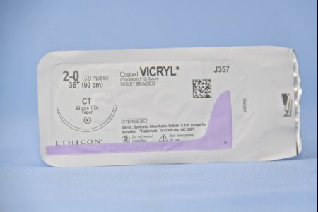 Picture of Suture with Needle Coated Vicryl™ Absorbable Coated Violet Suture Braided Polyglactin 910 Size 2 - 0 36 Inch Suture 1-Needle 40 mm Length 1/2 Circle Taper Point NeedleJ357H