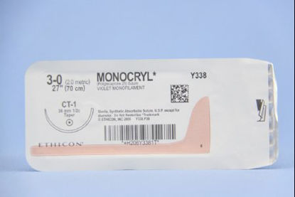 Picture of Suture with Needle Monocryl™ Absorbable Uncoated Violet Suture Monofilament Poliglecaprone Size 3 - 0 27 Inch Suture 1-Needle 36 mm Length 1/2 Circle Taper Point NeedleY338H