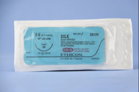 Picture of Suture with Needle Perma-Hand™ Nonabsorbable Coated Black Suture Braided Silk Size 2 - 0 18 Inch Suture 1-Needle 26 mm Length 1/2 Circle Taper Point NeedleC0125