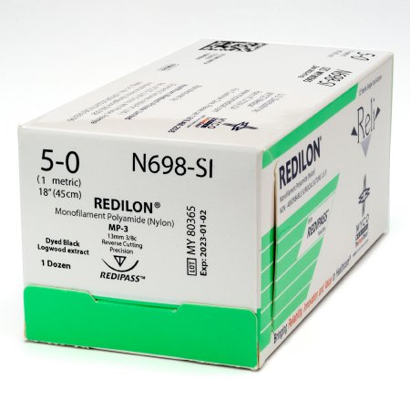 Picture of Suture with Needle Reli® Redilon™ Nonabsorbable Uncoated Black Suture Monofilament Nylon Size 4 - 0 18 Inch Suture 1-Needle 13 mm Length 3/8 Circle Reverse Cutting Needle with Precision PointN698-M