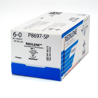 Picture of Suture with Needle Reli® Redilene™ Nonabsorbable Uncoated Blue Suture Monofilament Polypropylene Suture Size 6 - 0 18 Inch Suture 1-Needle 11 mm Length 3/8 Circle Reverse Cutting NeedleP8697-M