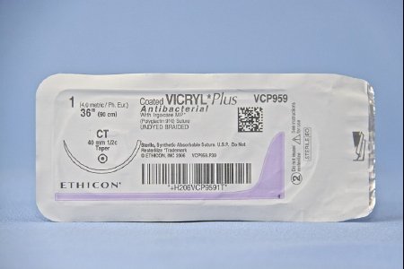 Picture of Antibacterial Suture with Needle Coated Vicryl™ Plus Absorbable Coated Undyed Suture Braided Polyglactin 910 with Irgacare MP Antibacterial Suture Size 1 36 Inch Suture 1-Needle 40 mm Length 1/2 Circle Taper Point NeedleVCP959H
