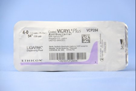 Picture of Antibacterial Suture without Needle Coated Vicryl™ Plus Braided Polyglactin 910 with Irgacare MP Antibacterial Suture Absorbable Coated Size 4 - 0 54 Inch SutureVCP284G