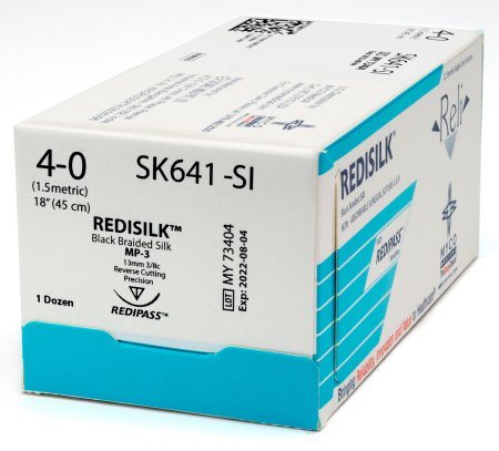 Picture of Suture with Needle Reli® Redisilk™ Nonabsorbable Uncoated Black Suture Braided Silk Size 4 - 0 18 Inch Suture 1-Needle 13 mm Length 3/8 Circle Reverse Cutting Needle with Precision PointSK641-M