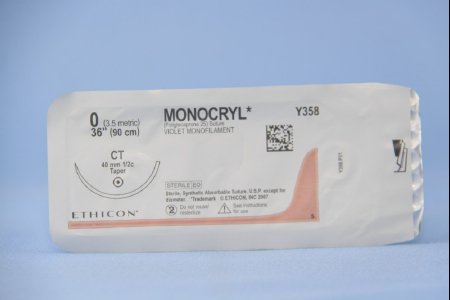 Picture of Suture with Needle Monocryl™ Absorbable Uncoated Violet Suture Monofilament Poliglecaprone Size 0 36 Inch Suture 1-Needle 40 mm Length 1/2 Circle Taper Point NeedleY358H
