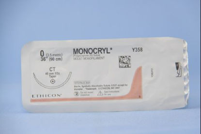 Picture of Suture with Needle Monocryl™ Absorbable Uncoated Violet Suture Monofilament Poliglecaprone Size 0 36 Inch Suture 1-Needle 40 mm Length 1/2 Circle Taper Point NeedleY358H