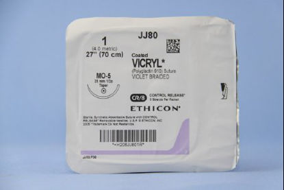 Picture of Suture with Needle Coated Vicryl™ Absorbable Coated Violet Suture Braided Polyglactin 910 Size 1 27 Inch Suture 1-Needle 31 mm Length 1/2 Circle Taper Point NeedleJJ80G