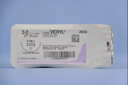 Picture of Suture with Needle Coated Vicryl™ Absorbable Coated Undyed Suture Braided Polyglactin 910 Size 2 - 0 27 Inch Suture 1-Needle 36.4 mm Length 1/2 Circle Blunt Point NeedleJB259
